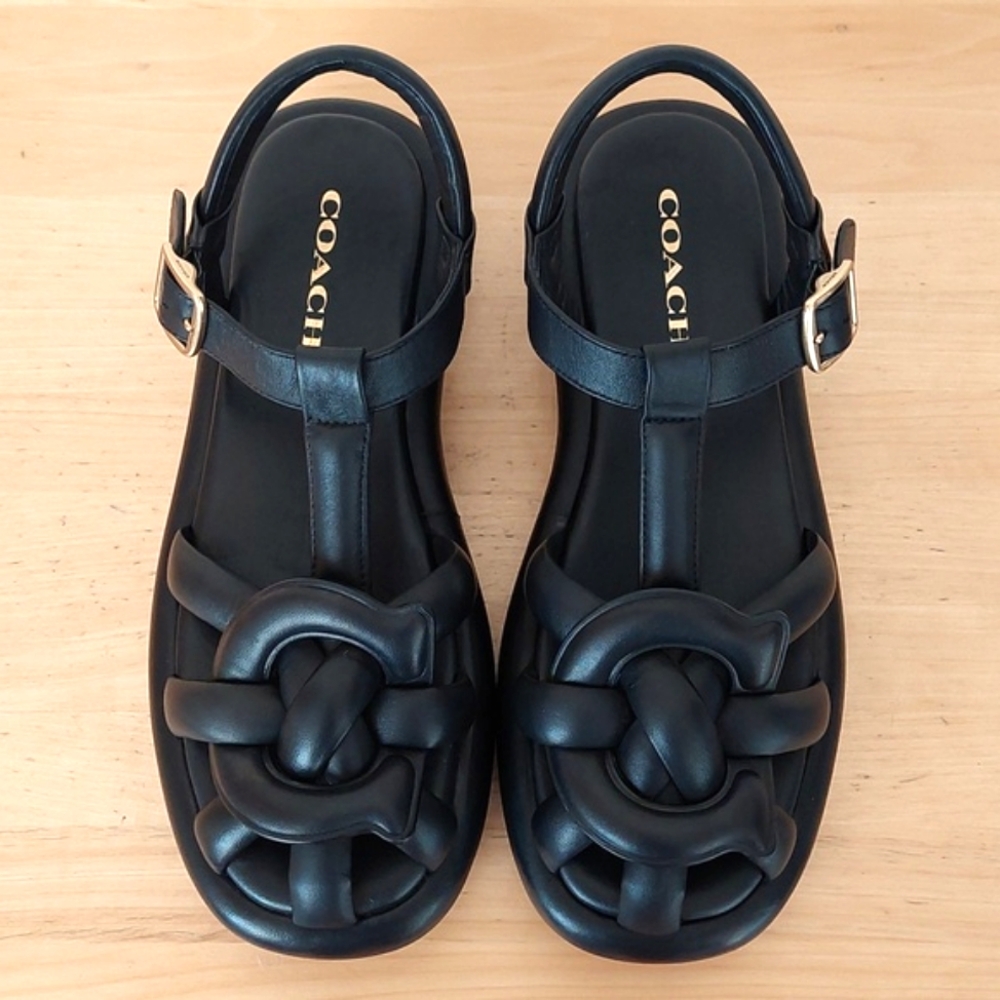 Coach Penney Strappy Fisherman Platform Black Leather Sandals - Picture 6 of 16